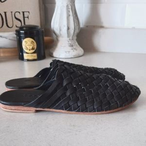 Black Leather Weaved Slides